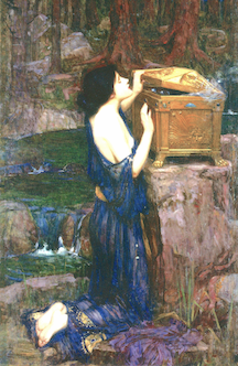 beautiful painting of dark-haired Pandora peeking into golden box